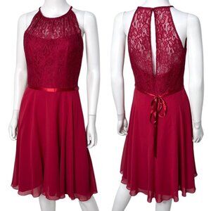 Jasmine B2 Knee Length Illusion Neckline Lace & Poly Chiffon Bridesmaid Dress